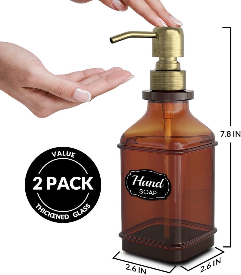 LMQML Soap Dispenser - 2 Pack, Antique Design Thick Amber Glass Hand Soap Dispensers with Sturdy Tray; 304 Rust Proof Stainless Steel Black Pump, 12Pcs Stickers, for Kitchen, Bathroom - Brushed Gold - Image 3